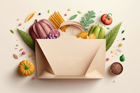 Delivery healthy food background. Vegan vegetarian food in paper bag vegetables and fruits nuts and grains on white copy space banner.Grocery shopping food supermarket and clean eating conceptの素材
