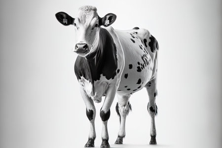Cow in its whole white isolated. Cow in black and white rising up against a white backdrop. animal farmの素材