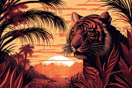 Fantasy jungle sunset featuring a tiger butterfly and palm tree Beautiful panthera tigris with a natural background a warm brilliant sun and a dramatic reddish clouded sky. a proud wild animal pの素材