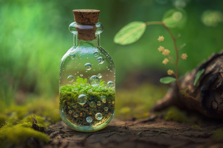 Essential oil droplets in a glass bottle macro. Medicine that strays from conventional Western practice. A mortar full of fresh herbs sits on a wooden table against a blurred green nature backdropの素材