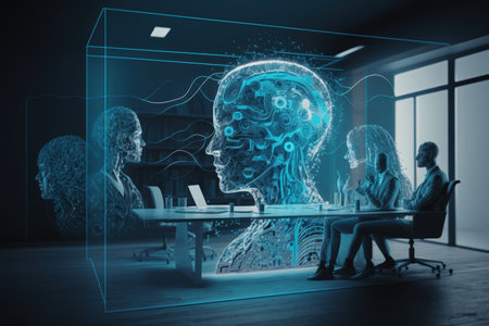 Creative AI hologram in double exposure against a contemporary meeting room backdrop. Concept of neural networks and machine learningの素材