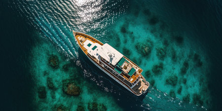 Croatia. Luxury floating boat seen from above in the sunny Adriatic Sea. Swift boat on the water. aerial view of the sea. image of travelの素材