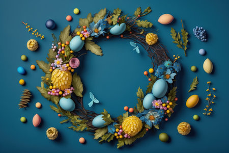 Creative Easter themed design with blue backdrop and vibrant eggs and flowers. Concept of a flat lay circle wreathの素材