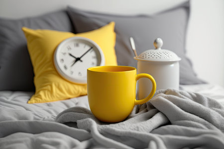 Illuminating Yellow Cup or mug with tea or coffee Ultimate Gray alarm clock and pillows with colors of the year 2021 on white bed in bedroom. Trendy good morning and home decor. Space for textの素材