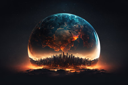 Sphere of night Earth planet in outer space. City lights on planet. Sci fi vertical wallpaper. Solar system element. Elements of this image furnished by NASAの素材