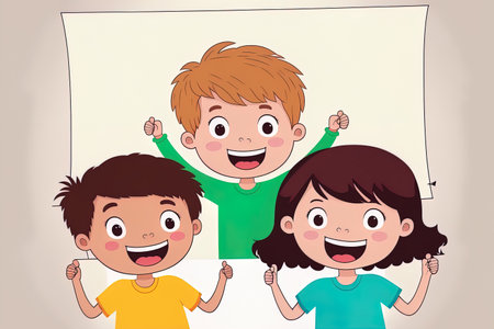 Happy children holding an advertising on a white blank poster. Children smiling while holding a faux flag or sign during a rally. illustrationの素材