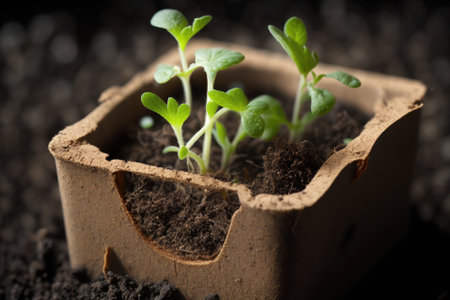 Green arugula seedlings with their roots in a biodegradable peat container are shown up close and personal just prior to being transplanted. Hot bed gardening planting in the summer. Fresh start seeの素材