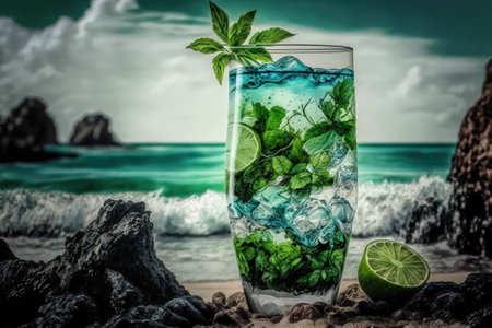 Mojito in highball glass with lime and mint set against a beautiful beach backdrop. To make room for a copyの素材