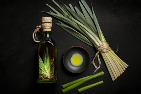 Fresh lemongrass rope dry lemongrass and a bottle of lemongrass oil are displayed on a flat lay on a black backgroundの素材