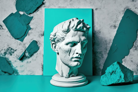 Pop art inspired collage with an old plaster sculpture of a human face. Image of a modern creative concept with the head of an old statue. The zine scene. poster for modern art. hipster minimalism retの素材