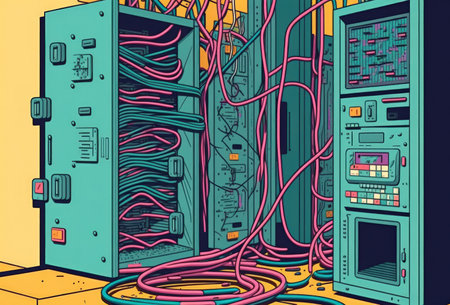 In the server room there are tangled Internet cables. optical wires not being connected properly to the computer hardware. The datacenter has servers mounted on racksの素材