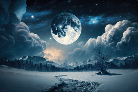 Mystical Background of the night sky with stars clouds and the full moon. Moonlight night with a winter background in the copy spaceの素材