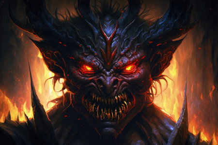 Illustration of a hellish demon creature with blazing eyes standing close up against a background of flamesの素材