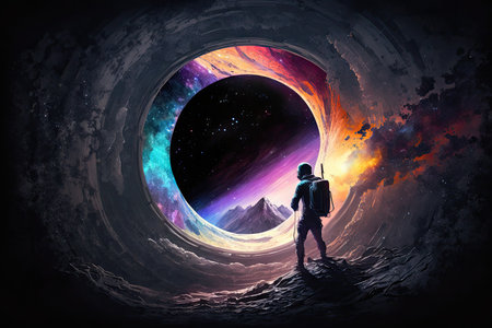 In space an astronaut investigates a black hole and its event horizon. 5K science fiction painting that is realistic. Image components provided by NASAの素材