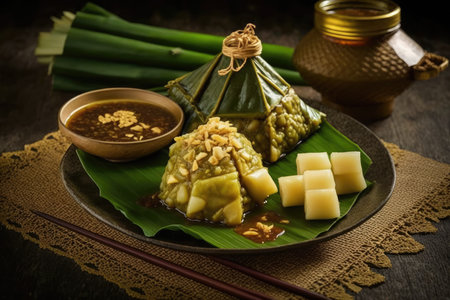 Ketupat with another dish for celebrating lebaran day with family. lebaran day. indonesian culture. eid mubarak food in indonesiaの素材
