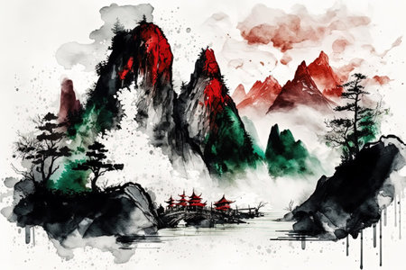 Peaks of mountains obscured by mist. Ink landscape depicting a mountain surrounded by water. The art of painting in Chinese ink. Paint by brushworkの素材