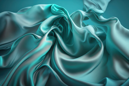 Elegant soft blue silk fabric provides a delicate background texture. Tissue clothing is an elegant textured dress fabric. Abstract sea waves on chiffon in the color cyanの素材