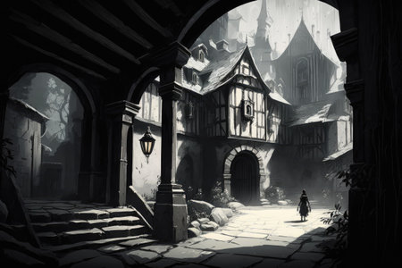 Mysterious History Location of an Old Town from a Fantasy Novel. Speculative Setting Illustration of a Realistic Concept. Digital Painting for Video Game Background Imagery Constructed in Computer Graの素材