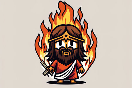 Jesus Christ the cartoon figure guards against fire. Illustration of an adorable mascot. lonesome white backgroundの素材