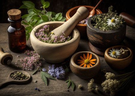 On a rustic wood background a natural herbal medicine assortment is displayed with herbs and flowers in wooden bowls loose essential oils for aromatherapy and mortar and pestle. looking upの素材