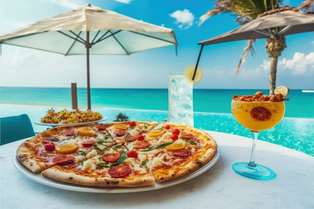 Pizza and tropical cocktail with beautiful sunny vacation infinity swimming pool ocean view. Beach restaurant sea view glasses plates food tropical cocktail blur loungers chairs sun umbrellasの素材