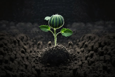In the garden a young watermelon plant stands out against the dark soil. An organic field with tiny green watermelon sprouts. The idea of farming. Procedure for planting a watermelon seedの素材