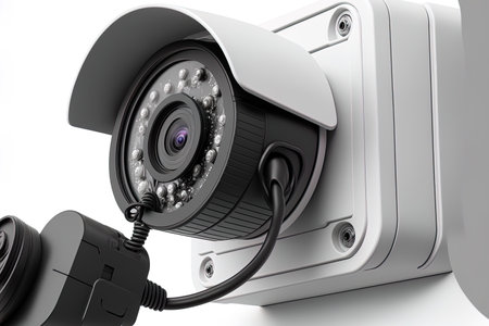 Installing an IP CCTV camera with a waterproof cover and a white background to represent a home security systemの素材