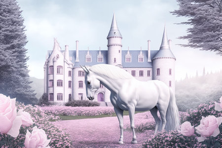 Picture of a rainbow unicorn mansion set in a fanciful pink rose garden. Morning tranquility and blank copy space. From here you can see the road across the hills leading to the land of fairy talesの素材