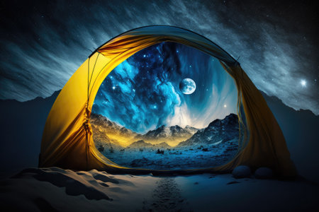 There was a yellow tent with lights on the inside and the night sky was filled with stars and the Milky Way. Astonishing scenery illuminated only by the darkness. Travelers often set up winter campsの素材