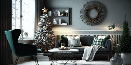 Scandinavian interior design apartments decorated in Christmas New Year style with toys gifts fir tree. Festive winter holidays compositionの素材