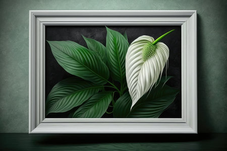 Spathiphyllum cannifolium concept with a natural background a green abstract texture a white frame and tropical foliage from Asia and Thailandの素材