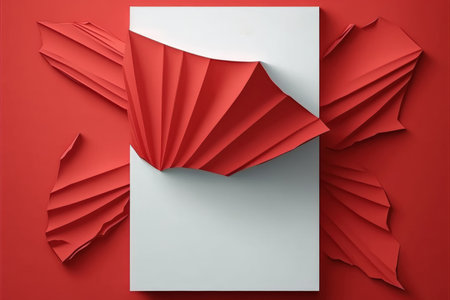 Red paper wrinkled poster template blank glued creased paper sheet mockup.white poster mockup on wall. empty paper mockup. clipping pathの素材