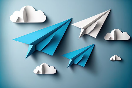 Three blue paper airplanes with clouds in a smooth simple cartoon style. innovative leadership idea in vision. illustrationの素材