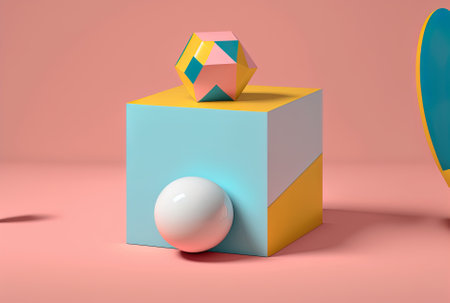 current abstract minimal surreal art. geometric design with a pink backdrop a blue box a golden ball and white legsの素材