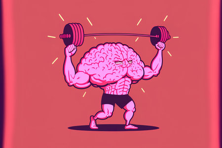 Strong joyful pink human brain figure with light bulb and barbell for easy lifting in a artistic artwork on a red backdrop. Brain design in flat style for online posters and bannersの素材