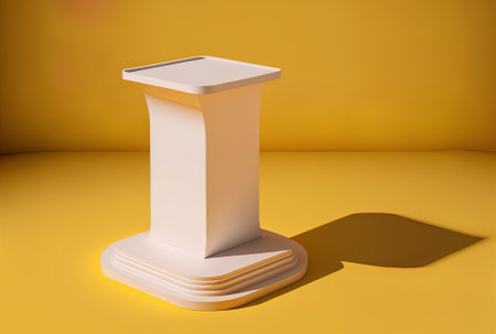 White podium stand pedestal for product display on a yellow backdrop with a shadow depiction of an empty display scenario for product placementの素材