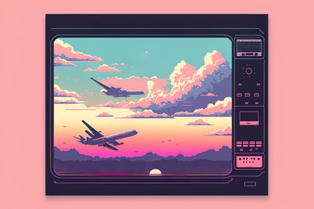 Retrowave VHS vibes a soft pastel neon glow cloud an aircraft and a large sunset view of the countrysideの素材