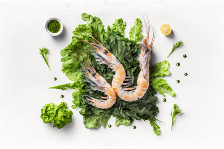 Seafood. Green royal prawns dressed with herbs olive oil and salt sit above a bed of romaine lettuce in this raw seafood appetizer. Picture as a backdrop blank copy spaceの素材