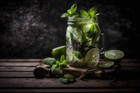 On a wooden board against a black background a fresh mojito cocktail is displayed in a glass jar with lime and mint. Cocktails and ice drinks are perfect for the summer heat. Attentional biasの素材