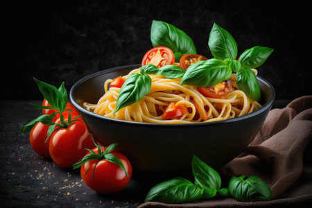 Spaghetti pasta with tomato sauce and cherry tomatoes with basil on a dark background. Selective focus copy spaceの素材
