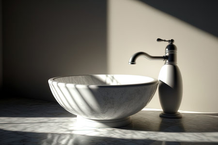 Realistic close up view of a white porcelain washbasin and faucet together with a blank empty marble countertop for product display. A granite wall is cast in shadow by morning sunshine and blindsの素材