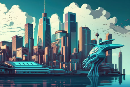 View of the waterfront and the Seattle skyline. Financial district skyscrapers in daylight Washington USA. Holographic artificial intelligence concept. Robotics artificial intelligence machine leaの素材