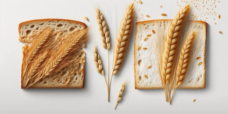 On a white background two slices of crispy toast are placed next to wheat ears. concept of healthy foodの素材