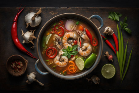 Tom Yum Goong Thai hot spicy herbs soup shrimp with lemon grass and chilli on wooden background Thailand Food Tom Yam Kung Prawn and lemon soup with mushrooms thai food in hot pot top viewの素材