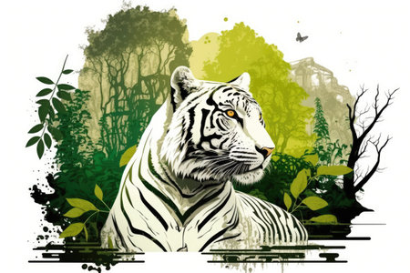 To Save the Tiger Please. Concept of nature reserve with the preservation of wildlife on World Wildlife Day Tiger in a zoo or a wildlife preserve. Day in the forest in the form of a tigerの素材