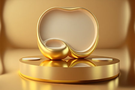 With a luxury cosmetic mockup stand product display or an abstract empty sale platform pedestal and a shining art backdrop a gold stage podium stands on a golden water presentation backdropの素材