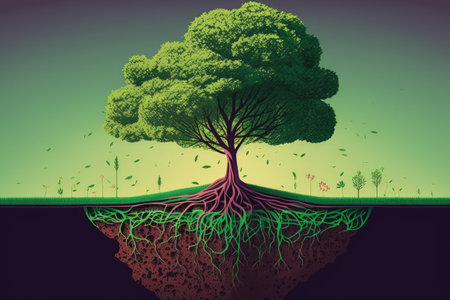 a tree that is growing on soil above lush grass. Digital convergence and technological convergence in nature. Concepts for CSR green technology green computing and IT ethicsの素材