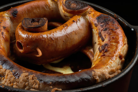 close up of Sausage with Toad in the Hole Toad a classic English dish made with sausages and Yorkshire pudding batter and baked in a black porcelain dishの素材