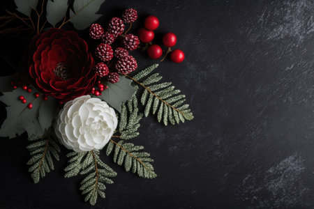 Christmas or winter composition with ornaments flowers and branches on a dark background. Christmas interior design and a winter theme. frontal shot blank spaceの素材
