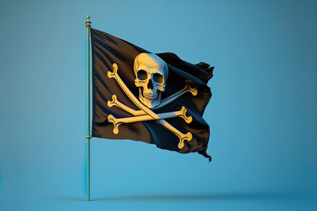 pirate flag jolly roger three dimensional render isolated on a blue sky horizontal banner 3d illustrationの素材